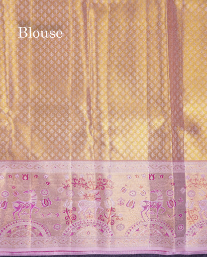 Beautiful Cream Sandal Tissue Bridal Pure Kanjivaram Silk Saree With Contrast Light Purple Fancy Border