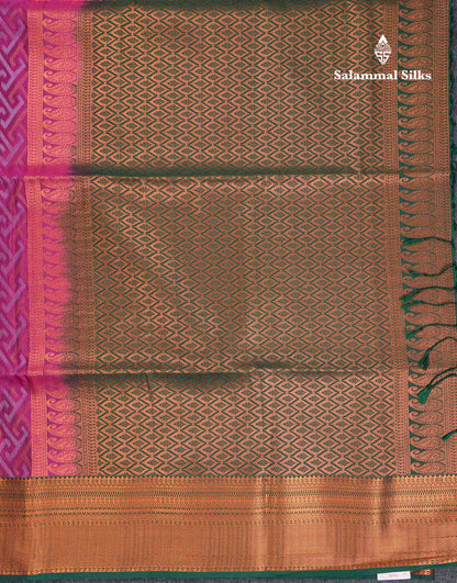 Beautiful Peacock Green Silver & Gold Zari Semi Silk Saree With Contrast Dual Tone Pink Traditional Border