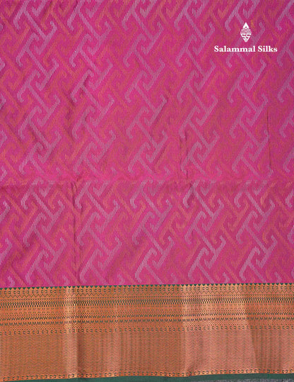 Beautiful Peacock Green Silver & Gold Zari Semi Silk Saree With Contrast Dual Tone Pink Traditional Border
