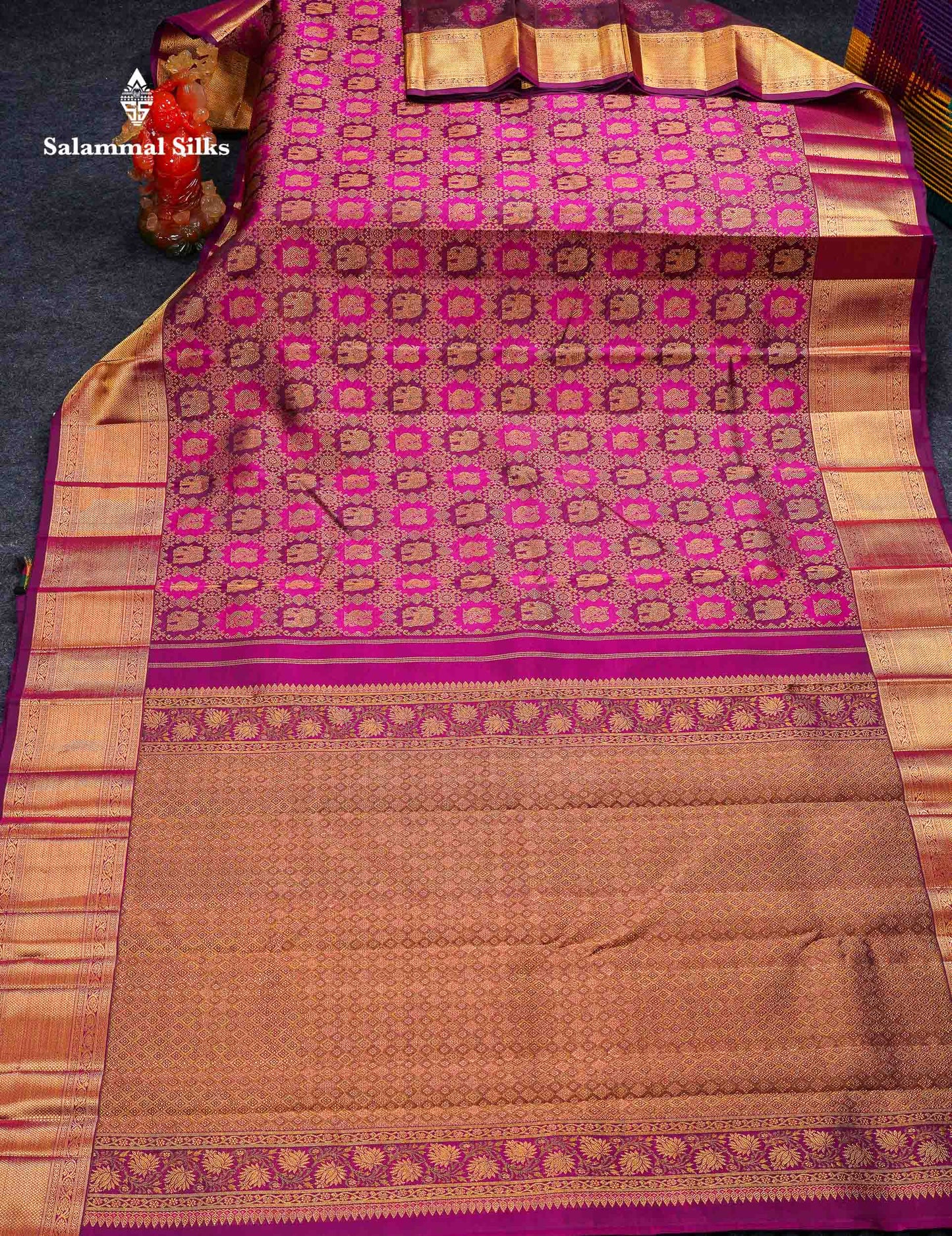 Beautiful Magenta Elephant & Peacock Butta Bridal Pure Kanjivaram Silk Saree With Traditional Border