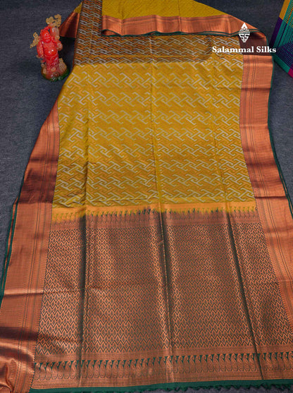 Beautiful Peacock Green Silver & Gold Zari Semi Silk Saree With Contrast Dual Tone Pink Traditional Border