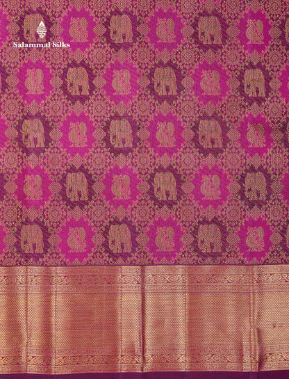 Beautiful Magenta Elephant & Peacock Butta Bridal Pure Kanjivaram Silk Saree With Traditional Border