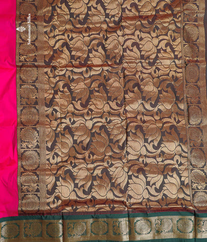Semi Silk Saree - Magenta Pink Colour Body With Bottle Green Border | 9.5 Yards