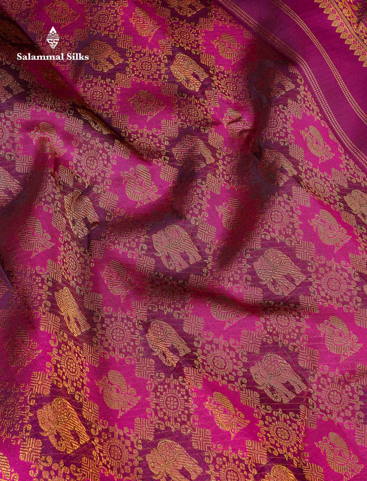 Beautiful Magenta Elephant & Peacock Butta Bridal Pure Kanjivaram Silk Saree With Traditional Border