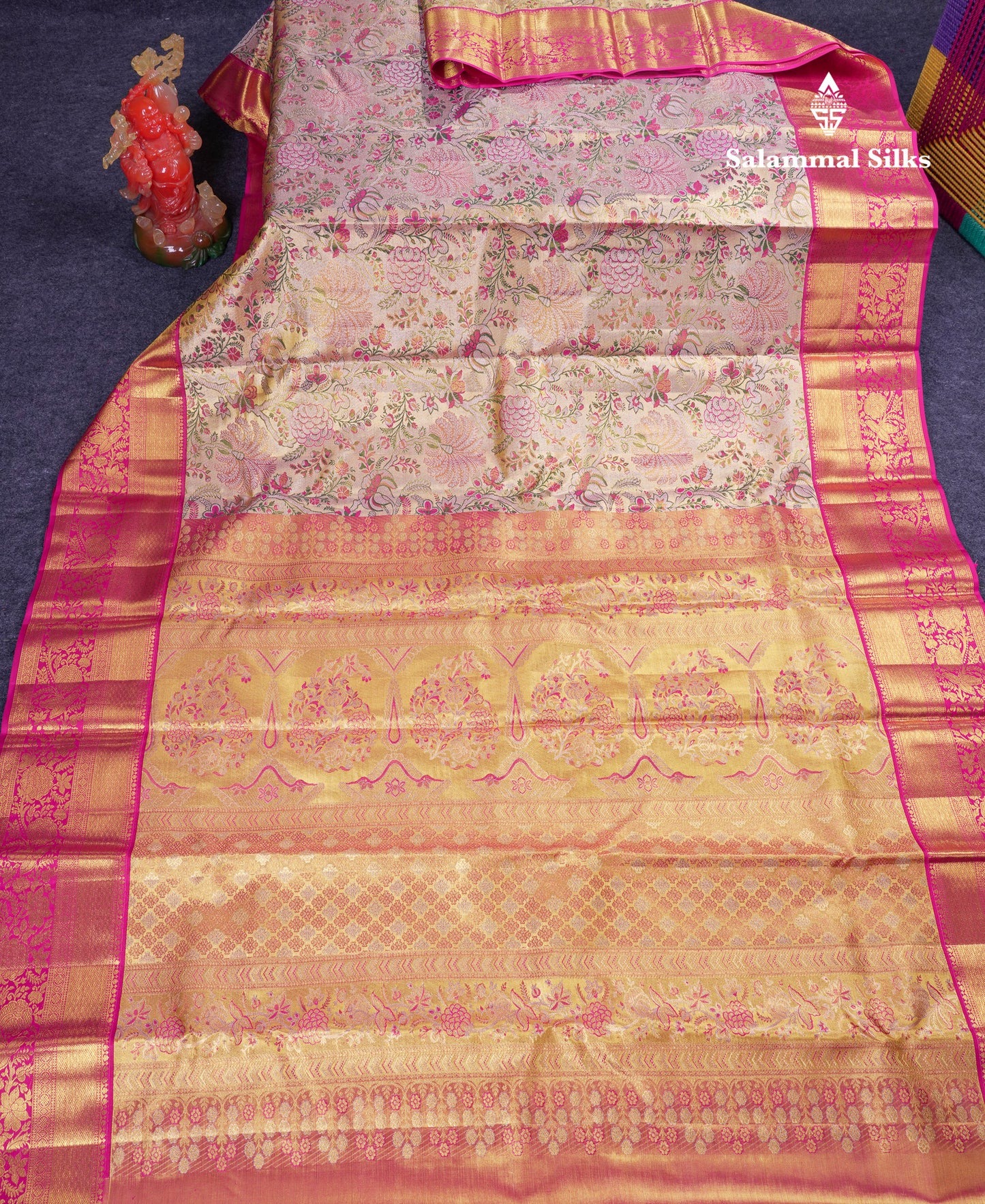 Beautiful Gold Tissu Bridal Menakari Work Pure Kanjivaram Silk Saree With Contrast Magenta Pink Traditional Border