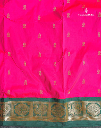 Semi Silk Saree - Magenta Pink Colour Body With Bottle Green Border | 9.5 Yards