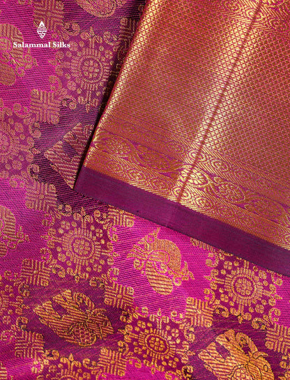 Beautiful Magenta Elephant & Peacock Butta Bridal Pure Kanjivaram Silk Saree With Traditional Border