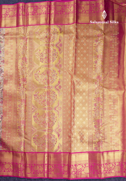 Beautiful Gold Tissu Bridal Menakari Work Pure Kanjivaram Silk Saree With Contrast Magenta Pink Traditional Border