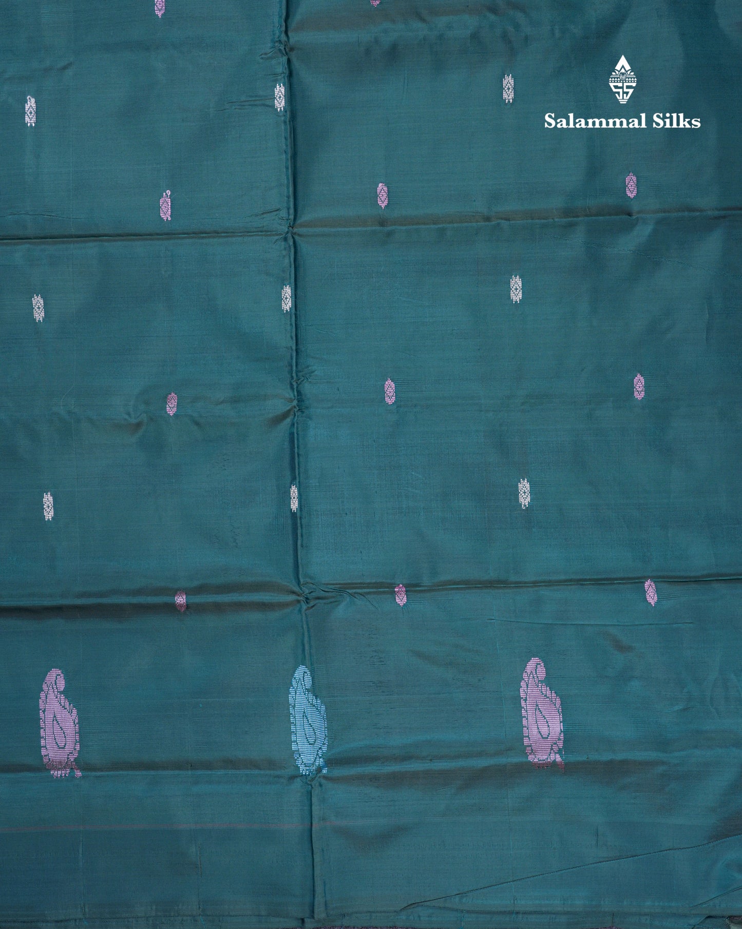 Peach Thread work Buttas Banana Pinth Saree (Vaazhainaar Pattu) With Contrast Peacock Green Blouse