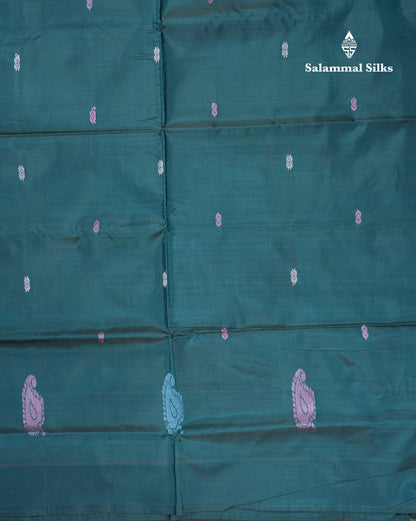 Peach Thread work Buttas Banana Pinth Saree (Vaazhainaar Pattu) With Contrast Peacock Green Blouse