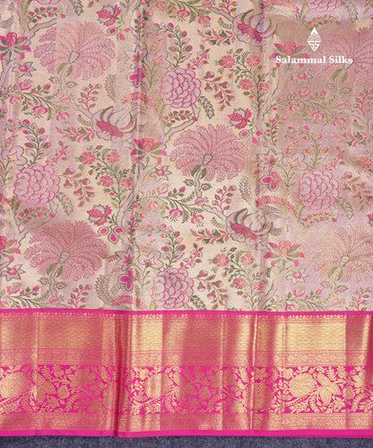 Beautiful Gold Tissu Bridal Menakari Work Pure Kanjivaram Silk Saree With Contrast Magenta Pink Traditional Border
