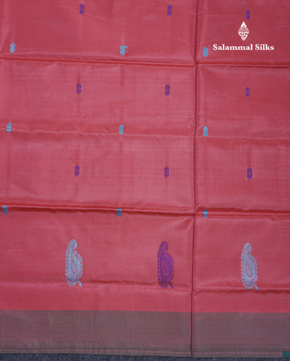 Peach Thread work Buttas Banana Pinth Saree (Vaazhainaar Pattu) With Contrast Peacock Green Blouse