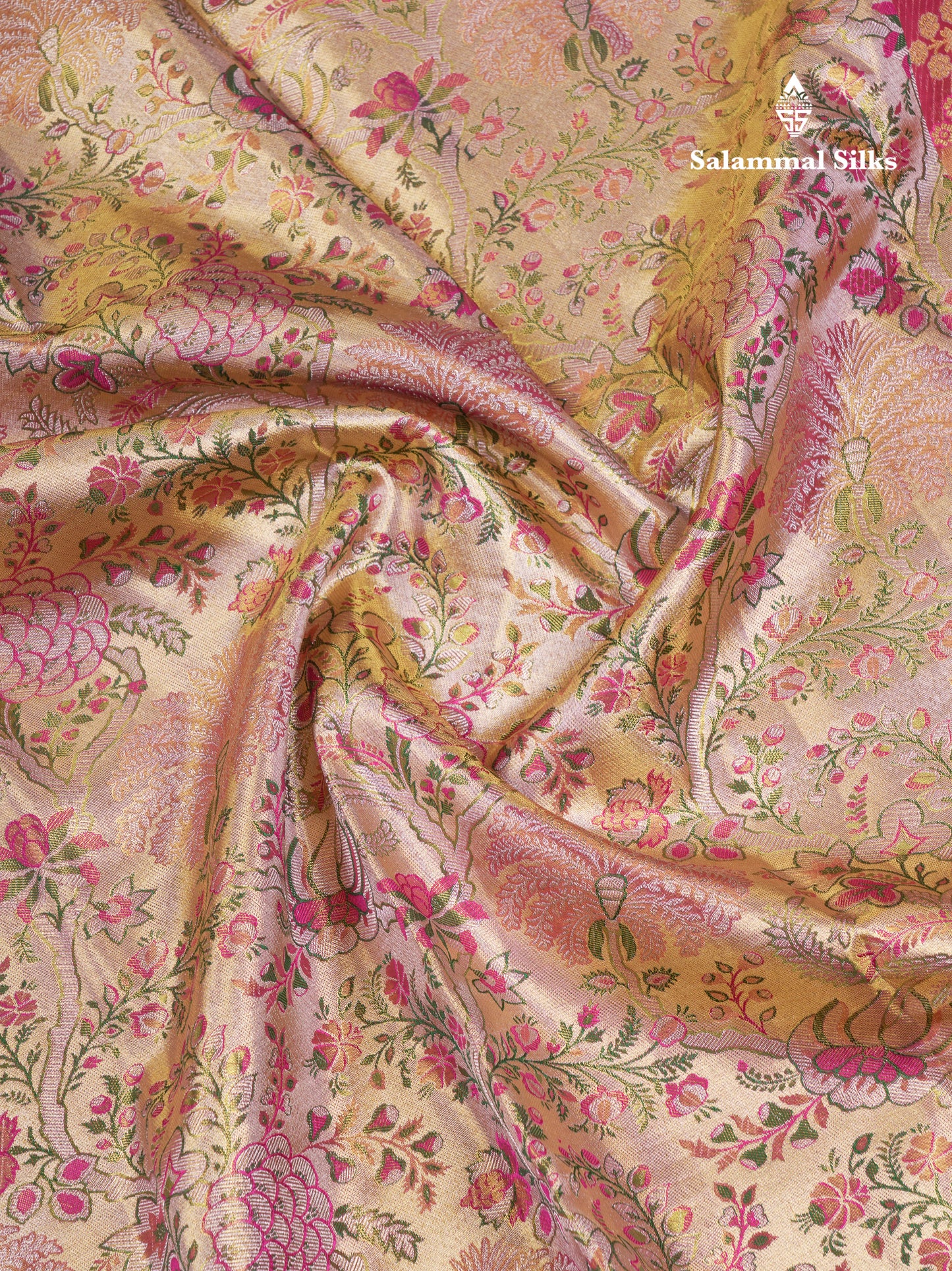 Beautiful Gold Tissu Bridal Menakari Work Pure Kanjivaram Silk Saree With Contrast Magenta Pink Traditional Border