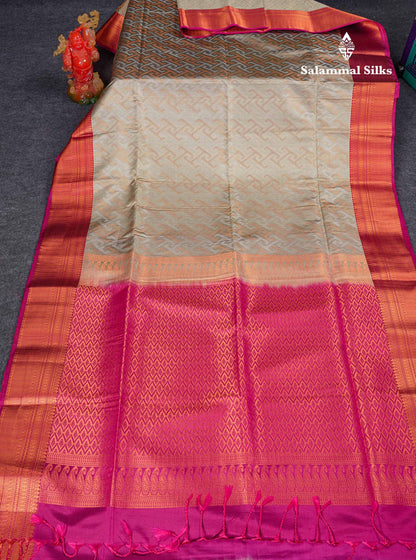 Beautiful Peacock Green Silver & Gold Zari Semi Silk Saree With Contrast Dual Tone Pink Traditional Border