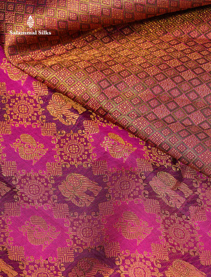 Beautiful Magenta Elephant & Peacock Butta Bridal Pure Kanjivaram Silk Saree With Traditional Border