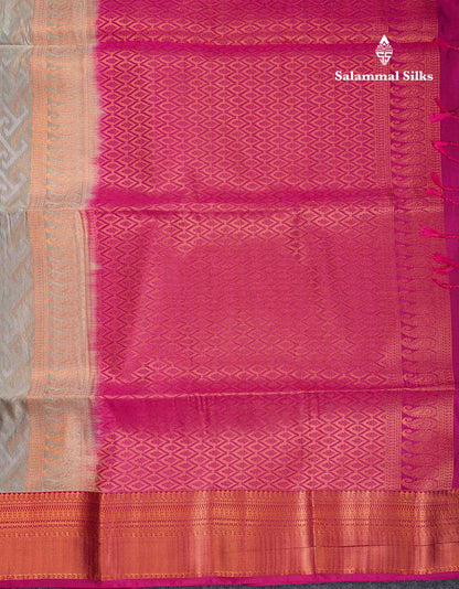 Beautiful Peacock Green Silver & Gold Zari Semi Silk Saree With Contrast Dual Tone Pink Traditional Border