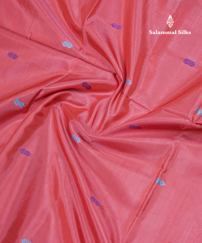 Peach Thread work Buttas Banana Pinth Saree (Vaazhainaar Pattu) With Contrast Peacock Green Blouse