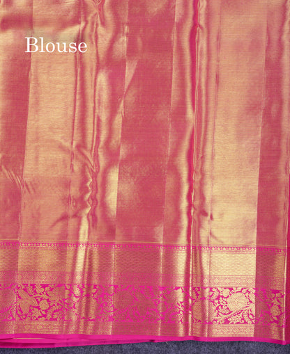 Beautiful Gold Tissu Bridal Menakari Work Pure Kanjivaram Silk Saree With Contrast Magenta Pink Traditional Border