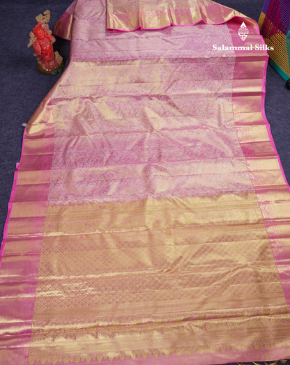 Beautiful Light Pink Tissue Bridal Pure Kanjivaram Silk Saree With Traditional Border