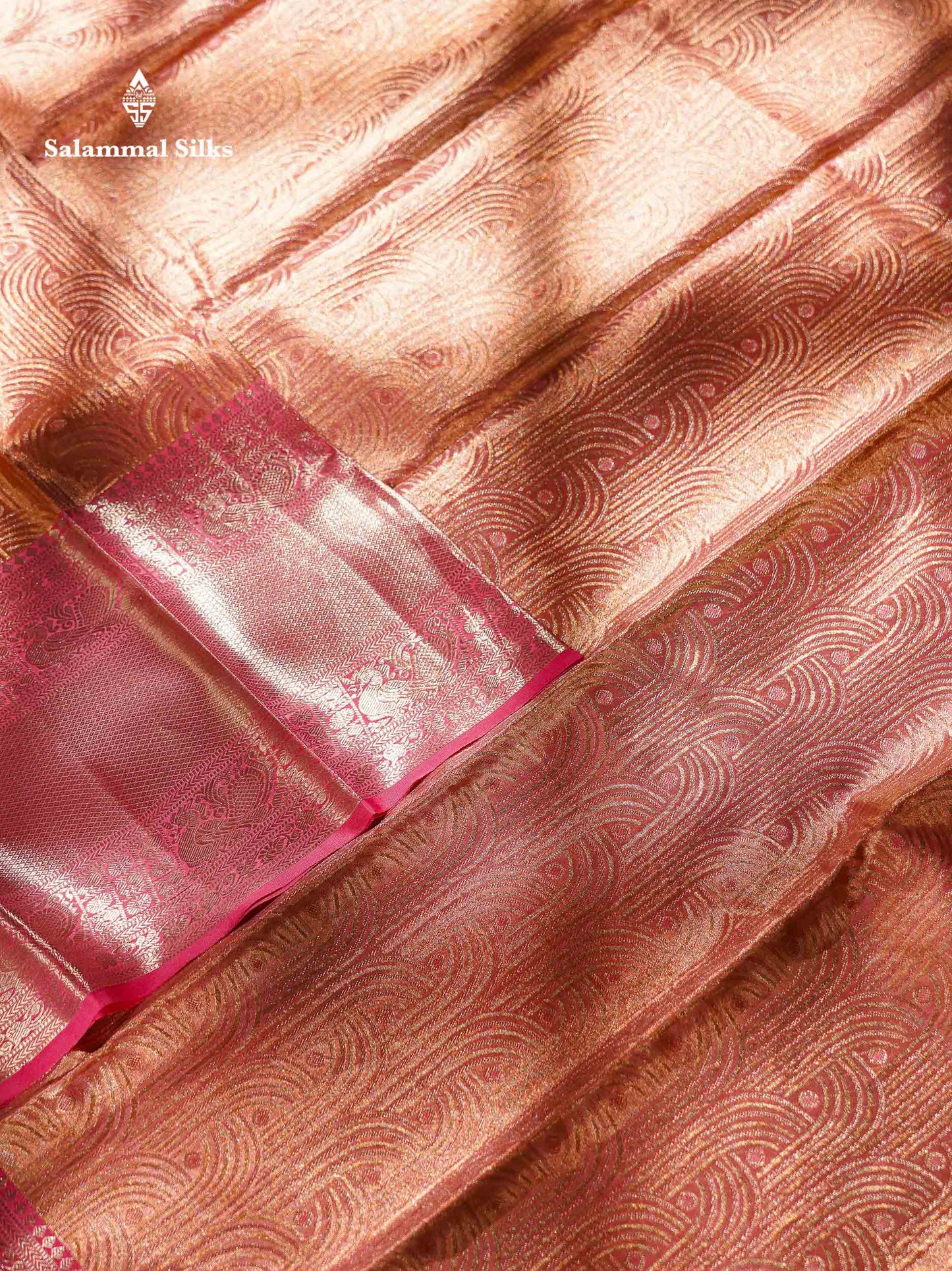 Peach Pink Tissue Bridal Pure Kanjivaram Silk Saree With Contrast Light Pink Evening Morning Traditional Border