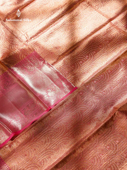 Peach Pink Tissue Bridal Pure Kanjivaram Silk Saree With Contrast Light Pink Evening Morning Traditional Border
