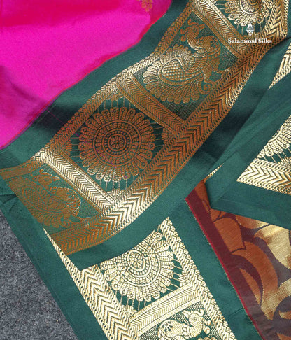Semi Silk Saree - Magenta Pink Colour Body With Bottle Green Border | 9.5 Yards