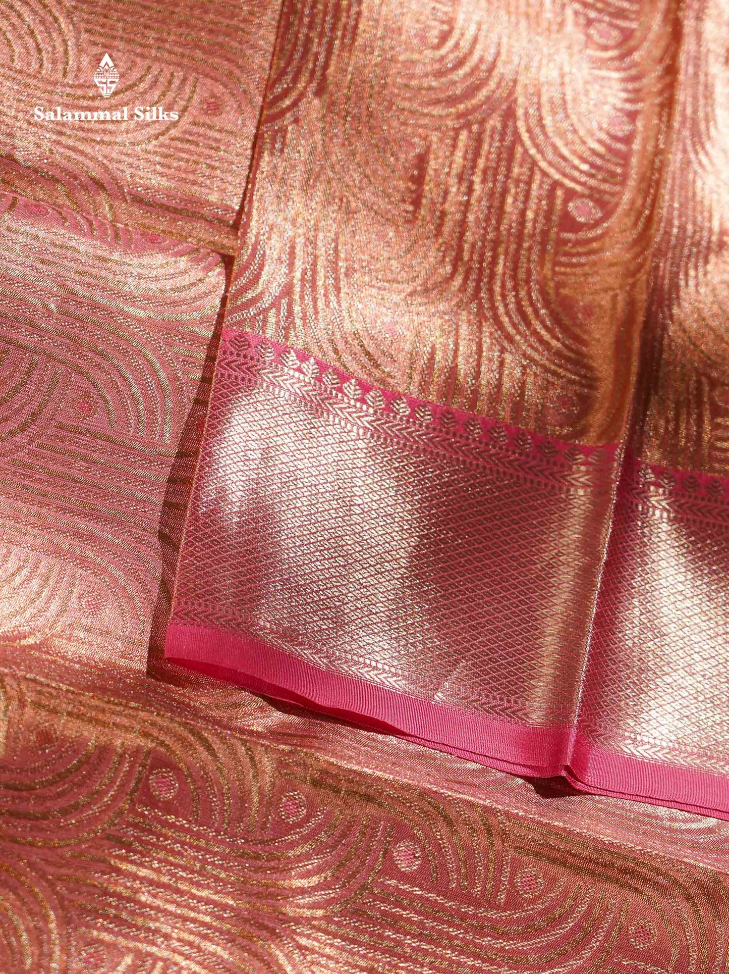 Peach Pink Tissue Bridal Pure Kanjivaram Silk Saree With Contrast Light Pink Evening Morning Traditional Border