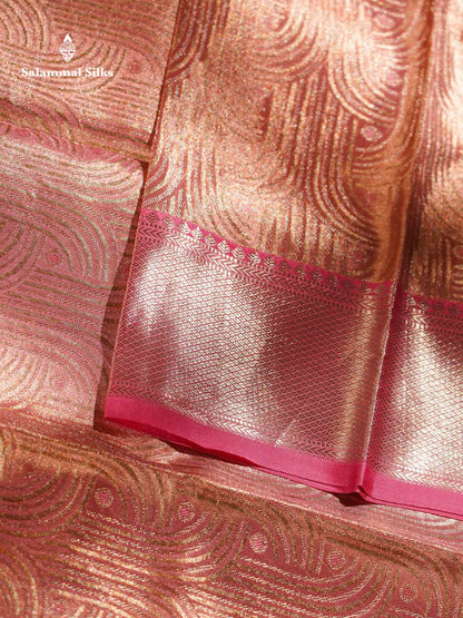 Peach Pink Tissue Bridal Pure Kanjivaram Silk Saree With Contrast Light Pink Evening Morning Traditional Border