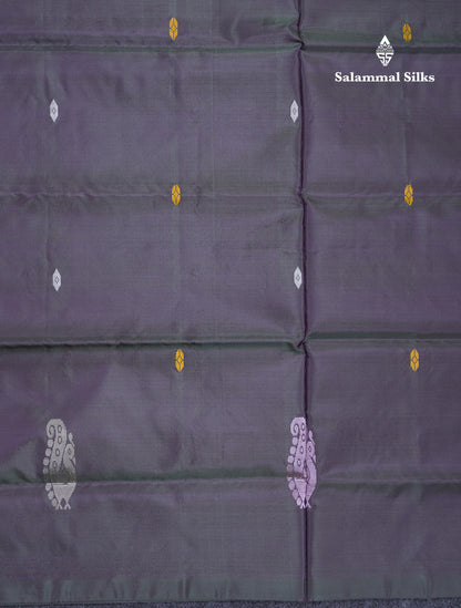 Dark Violet Thread work Buttas Banana Pinth Saree (Vaazhainaar Pattu) With Contrast Cream Sandal Blouse