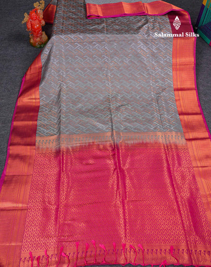 Beautiful Peacock Green Silver & Gold Zari Semi Silk Saree With Contrast Dual Tone Pink Traditional Border