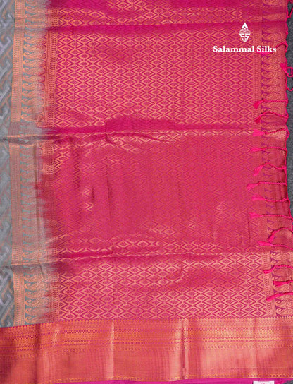 Beautiful Peacock Green Silver & Gold Zari Semi Silk Saree With Contrast Dual Tone Pink Traditional Border