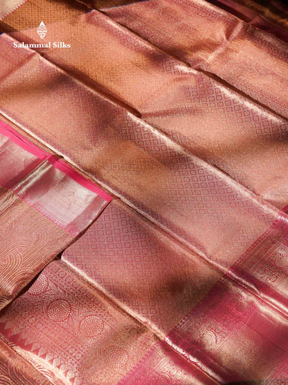 Peach Pink Tissue Bridal Pure Kanjivaram Silk Saree With Contrast Light Pink Evening Morning Traditional Border