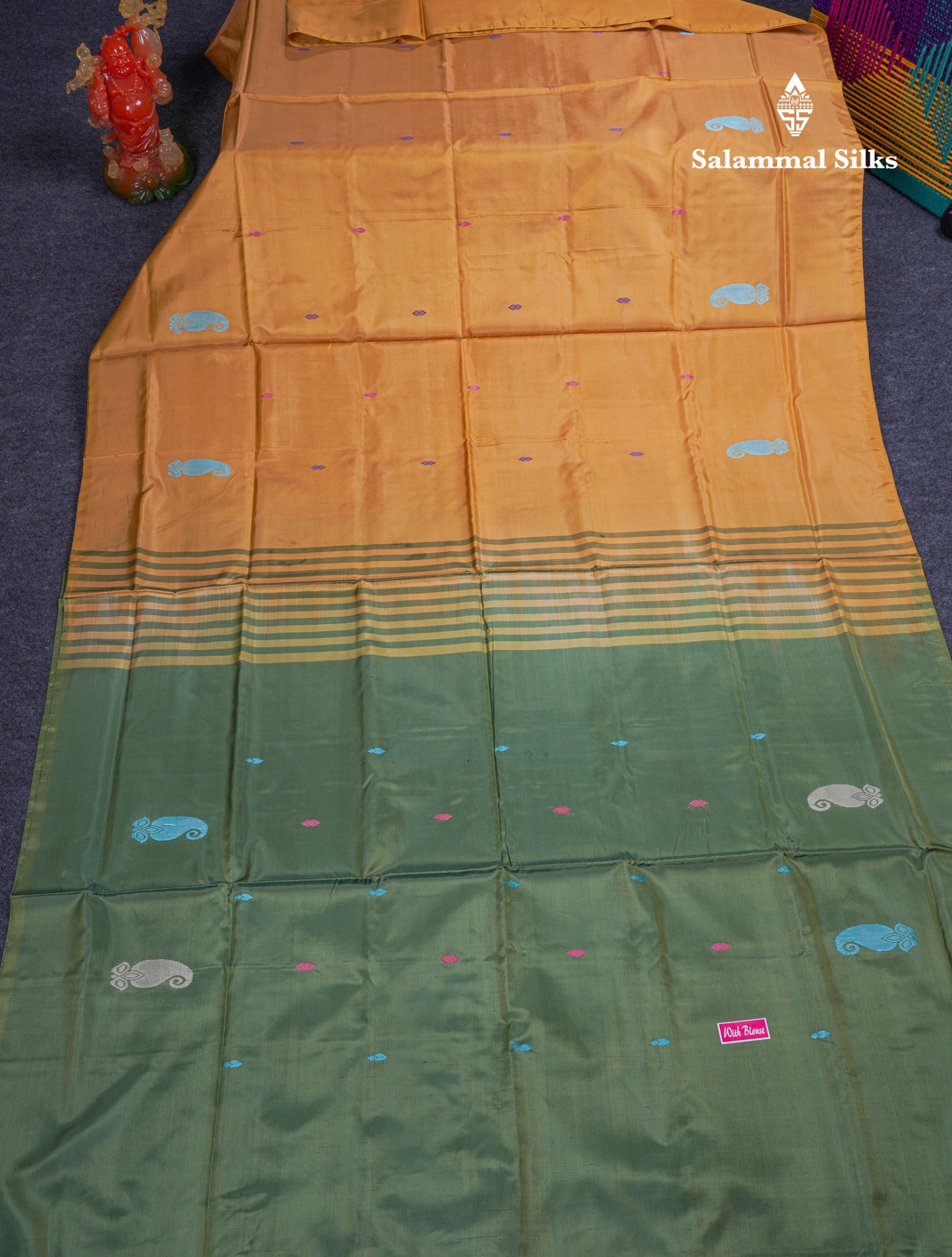 Mustard Yellow Thread work Buttas Banana Pinth Saree (Vaazhainaar Pattu) With Contrast Olive Green Blouse