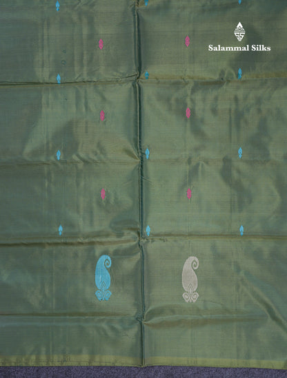 Mustard Yellow Thread work Buttas Banana Pinth Saree (Vaazhainaar Pattu) With Contrast Olive Green Blouse