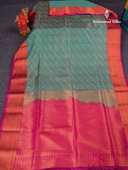Beautiful Peacock Green Silver & Gold Zari Semi Silk Saree With Contrast Dual Tone Pink Traditional Border