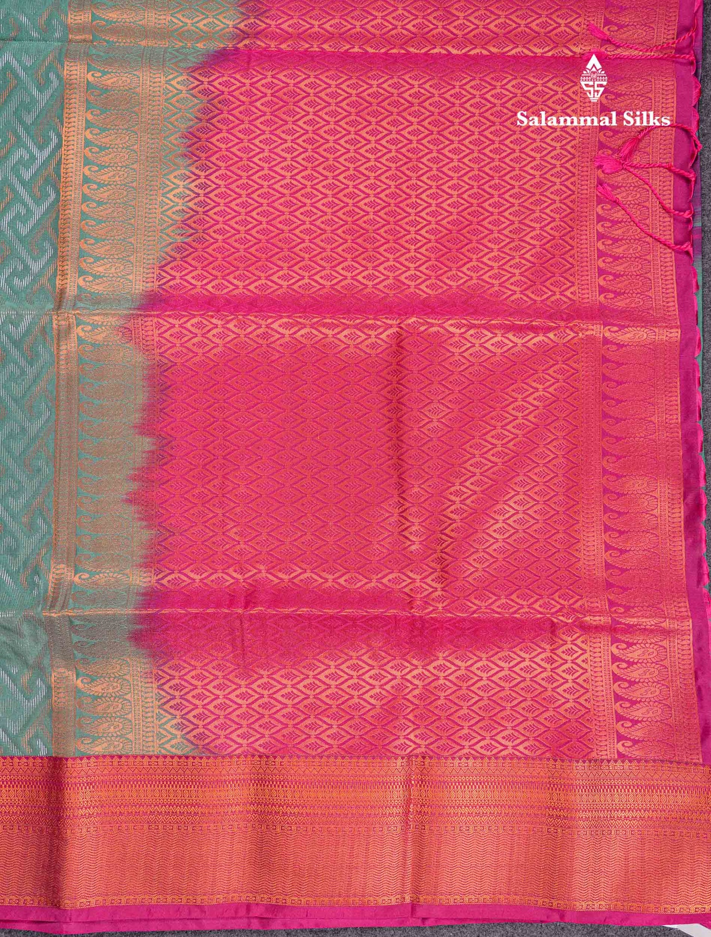 Beautiful Peacock Green Silver & Gold Zari Semi Silk Saree With Contrast Dual Tone Pink Traditional Border