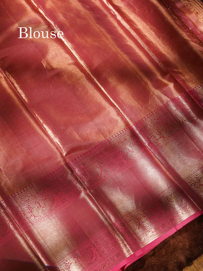Peach Pink Tissue Bridal Pure Kanjivaram Silk Saree With Contrast Light Pink Evening Morning Traditional Border