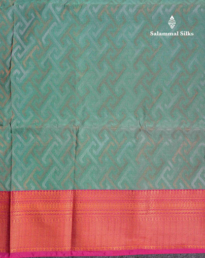 Beautiful Peacock Green Silver & Gold Zari Semi Silk Saree With Contrast Dual Tone Pink Traditional Border