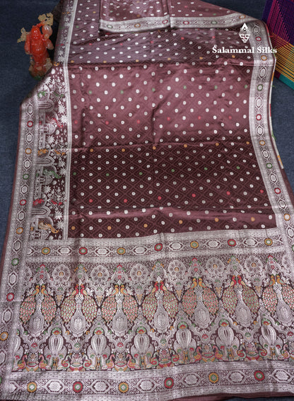 Beautiful Brown Meenakari Work Russian Silk Saree With Fancy Self Border