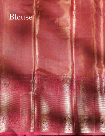 Peach Pink Tissue Bridal Pure Kanjivaram Silk Saree With Contrast Light Pink Evening Morning Traditional Border