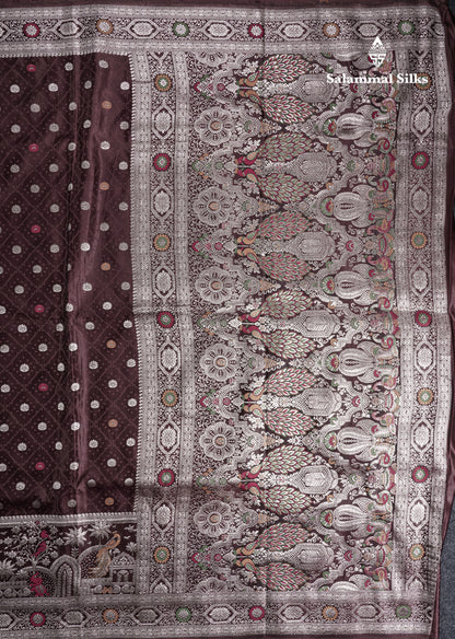 Beautiful Brown Meenakari Work Russian Silk Saree With Fancy Self Border