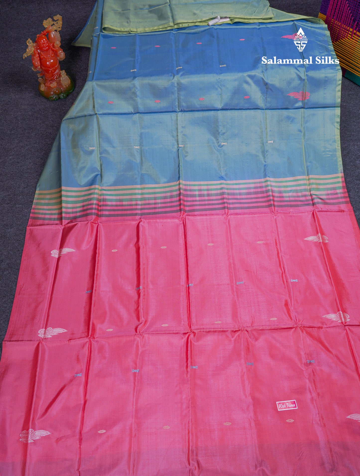 Pastel Blue Thread work Buttas Banana Pinth Saree (Vaazhainaar Pattu) With Contrast Pink Blouse