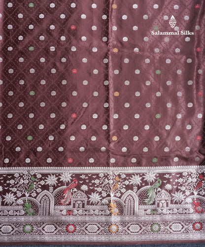 Beautiful Brown Meenakari Work Russian Silk Saree With Fancy Self Border