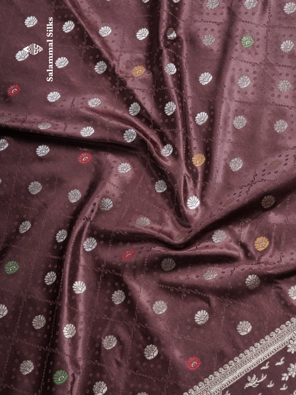 Beautiful Brown Meenakari Work Russian Silk Saree With Fancy Self Border
