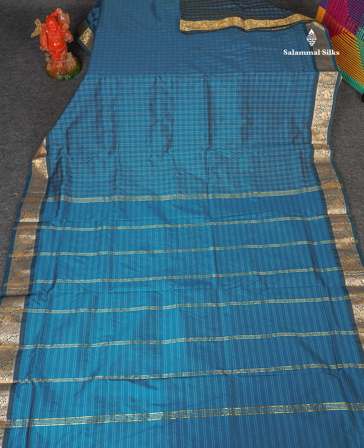 Semi Silk Saree - Teal Blue Colour Body Checks With Tradional Border | 9.5 Yards