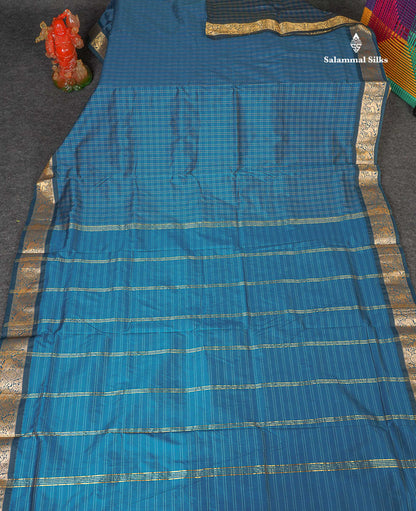 Semi Silk Saree - Teal Blue Colour Body Checks With Tradional Border | 9.5 Yards