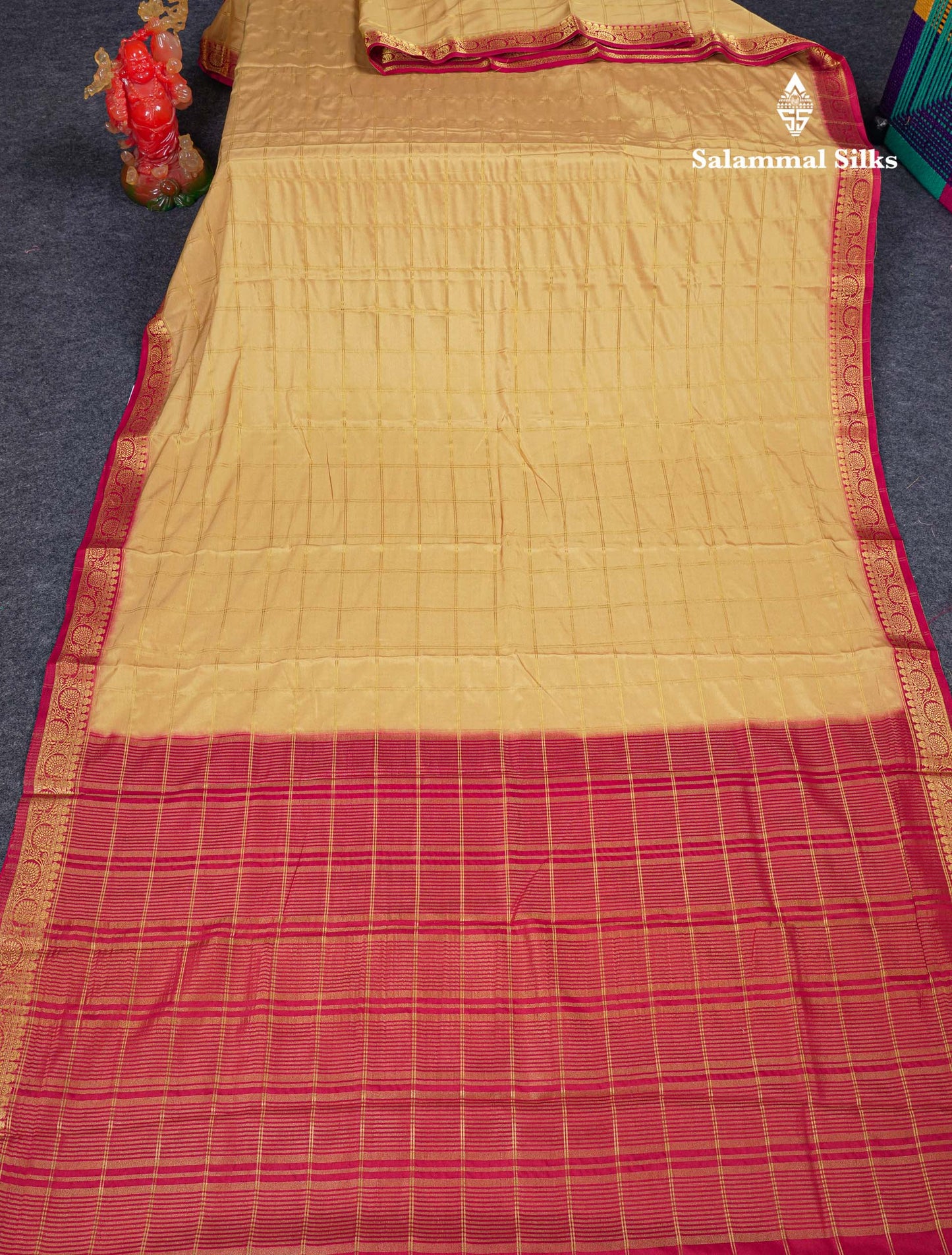 Beautiful Chilly Red Zari Checks Semi Mysore Silk Saree With Contrast Green Small Traditional Border