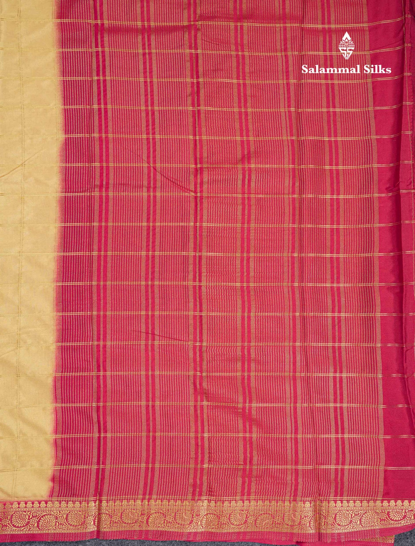 Beautiful Chilly Red Zari Checks Semi Mysore Silk Saree With Contrast Green Small Traditional Border