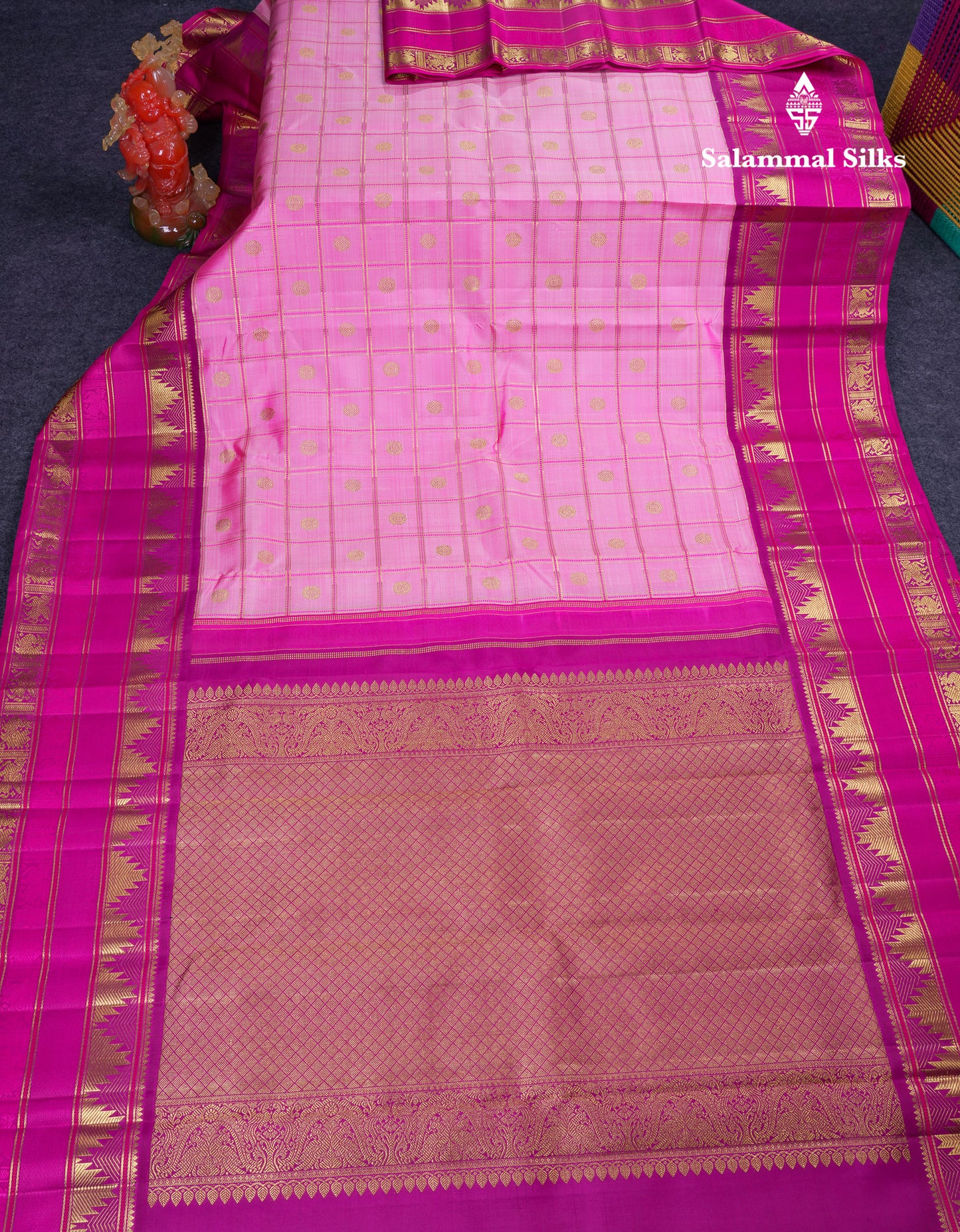 Beautiful Baby Pink Checks With Butta Pure Kanjivaram Silk Saree With Contrast Magenta Pink Traditional Long Border