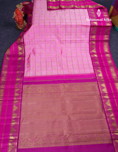 Beautiful Baby Pink Checks With Butta Pure Kanjivaram Silk Saree With Contrast Magenta Pink Traditional Long Border